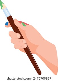 Closeup hand holding paintbrush, green paint tip, creative process. Paintbrush green paint fingers, supplies, crafting. Human hand, paintsmeared, detailed paintbrush grip, creativity