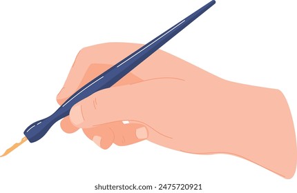 Closeup hand holding pen vector illustration. Cartoon human hand writing signing, creative design isolated white background. Drawing blue pen, educational artwork concept