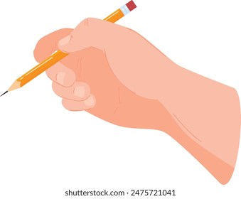 Mano de primer plano sosteniendo el lápiz listo para escribir, textura detallada de la piel de las uñas. Lápiz de madera caucásico que agarra la mano, preparando el dibujo, concepto creativo. Lápiz afinado artístico, habilidades motoras finas