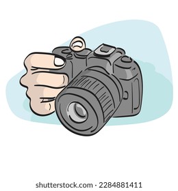 closeup hand holding professional dslr camera illustration vector hand drawn isolated on white background line art.