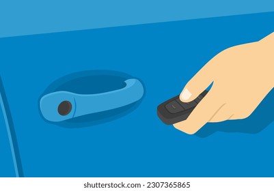 Close-up of hand holding remote controller car key. Car door handle. Flat vector illustration template.