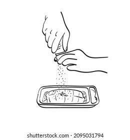 closeup hand holding salt cellar on calmon steak illustration vector hand drawn isolated on white background line art.