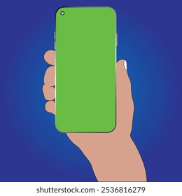 Close-up of a hand holding a smartphone with a green screen on a blue background. Perfect for showcasing apps, custom designs, and promotional content. Versatile and attention-grabbing. EPS Available