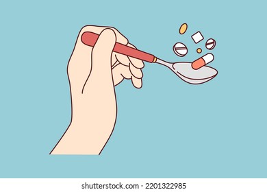 Close-up of hand holding spoon with pills addicted to pharma. Patient with spoonful of medication and drugs. Medicine and healthcare. Vector illustration. 