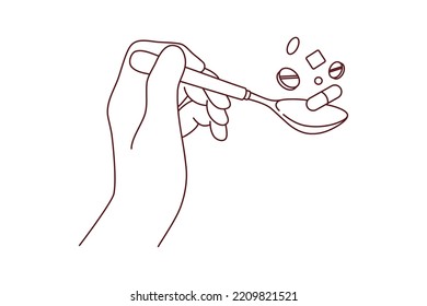 Close-up of hand holding spoon with pills addicted to pharma. Patient with spoonful of medication and drugs. Medicine and healthcare. Vector illustration. 