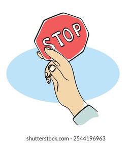 closeup hand holding stop sign instead of cigarette illustration vector hand drawn isolated on white background