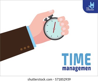 Closeup hand holding stopwatch.
Time management.
Symbol of Time control.
Vector flat cartoon character icon design illustration.
Business concept.