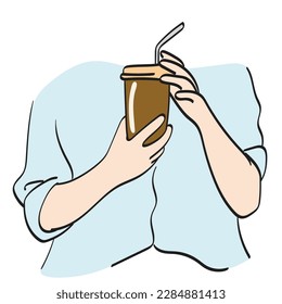 closeup hand holding takeaway iced coffee illustration vector hand drawn isolated on white background line art.