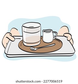 closeup hand holding tray with beverage illustration vector hand drawn isolated on white background line art.