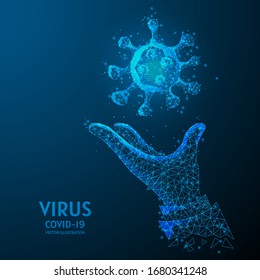 Closeup hand holds a virus. Virus research concept, innovative medical technology, COVID-19 coronavirus. Low poly wireframe isolated vector illustration.