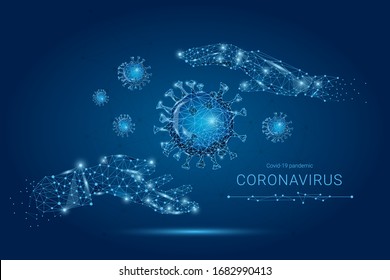 Closeup hand holds a virus. Virus research concept, innovative medical technology, COVID-19 coronavirus. Low poly wireframe isolated on blue background vector illustration.