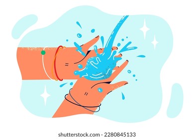 Close-up hand with jet of water in process of disinfection after walk to get rid of bacteria and germs. Man washes hands, observes rules of hygiene and disinfects surface of skin with running water 