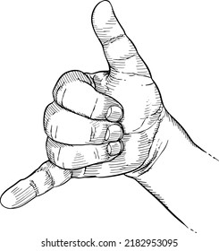 Close-up of hand making the call me sign. Vector illustration in black and white, handheld view