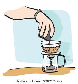 closeup hand making coffee for dripping hot coffee into the cup illustration vector hand drawn isolated on white background line art.