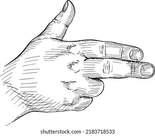 Close-up of hand making the gun sign with three fingers, aiming with the hand. Hand language, non verbal. Black and white vector illustration.