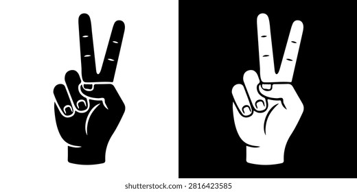 Close-up of a hand making a peace sign gesture in black and white, symbolizing peace, victory, and harmony with a plain background.
