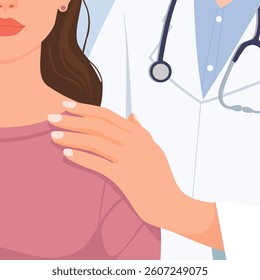 Closeup of hand on shoulder of a sad woman by doctor for support, care and help during grief. Patient with anxiety and depression given empathy after bad news or results from illness at a hospital