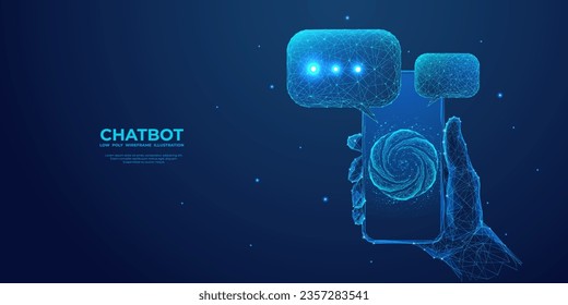 Acércate con el teléfono. Chat bot logotipo abstracto en la pantalla del smartphone con burbujas de voz. Concepto de inteligencia artificial de charla digital sobre fondo azul tecnológico. Vector de armazón de polilla baja.