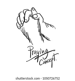 close-up hand praying vector illustration sketch hand drawn with black lines isolated on white background