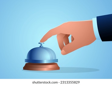 Close-up of businessman’s hand pressing concierge bell, vector illustration