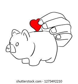 close-up hand putting red heart in piggy bank vector illustration sketch doodle hand drawn with black lines isolated on white background. love charity and relief work.