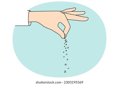 Cierre de los alimentos salados a mano utilizando cristales salados del Himalaya. Cocina a base de especias o condimentos. Cocina y gestos de cocina. Ilustración vectorial plana.