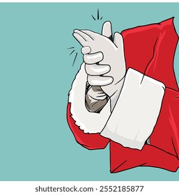 Un primer plano de una mano de Santa Claus aplaudir, concepto de felicitación, aislado contra un fondo azul. Felices Navidades.