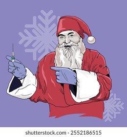 A close-up of a hand of Santa Claus holding a syringe. Hospital concept, safety concept, isolated against a blue background. Merry Christmas.