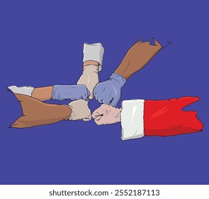 Un primer plano de una mano de Santa Claus con trabajador del hospital, concepto de promesa, aislado contra un fondo azul. Felices Navidades.