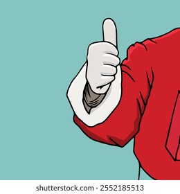 A close-up of a hand of Santa Claus show Thumbs, isolated against a green background. Merry Christmas.