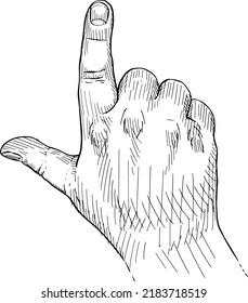 Close-up of hand showing the letter L, sign of the loser Hand language, non-verbal. Black and white vector illustration, back view.