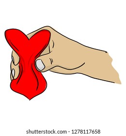 close-up hand squeezing red heart shape vector illustration sketch doodle hand drawn with black lines isolated on white background