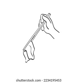 closeup hand using chopsticks to keep food illustration vector hand drawn isolated on white background line art.