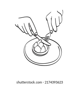 closeup hand using fork and knife to cut cake illustration vector hand drawn isolated on white background line art.