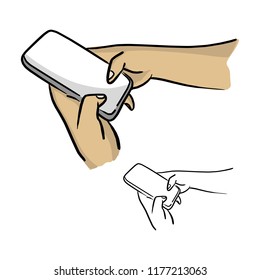 close-up hand using mobile phone vector illustration sketch doodle hand drawn with black lines isolated on white background