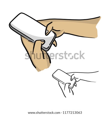 close-up hand using mobile phone vector illustration sketch doodle hand drawn with black lines isolated on white background