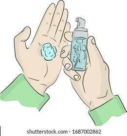 close-up hand using small hand sanitizer gel pump dispenser to protect Covid-19 virus vector illustration sketch doodle hand drawn isolated on white background