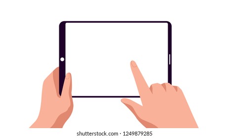 Close-up hand using tablet isolated on white clipping path inside, mock-up digital black tablet. Vector illustration.