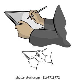 Close-up of hand working with stylus on digital tablet pc vector illustration sketch doodle hand drawn with black lines isolated on white background