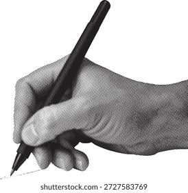 Close-up of a hand writing with a pen in halftone style.