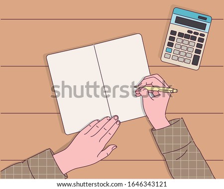 Close-up of a hand writing something on a notebook spread over the table. There is a calculator next to it. hand drawn style vector design illustrations. 