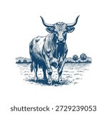 A close-up, hand-drawn illustration of a powerful Texas Longhorn bull, showcasing its impressive horns and muscular build. Hand drawn engraving style vector.