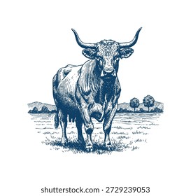 Um close-up, ilustração desenhada à mão de um poderoso touro Texas Longhorn, mostrando seus chifres impressionantes e construção muscular. Mão desenhada gravura estilo vetor.