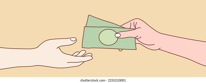 Closeup hands giving cash money simple korean style illustration
