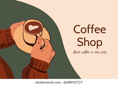 Close-up of hands holding a cup of coffee. Hand-drawn vector illustration. Banner for a coffee shop or cafe. Copy space.