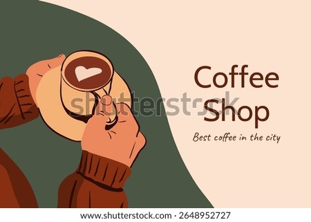Close-up of hands holding a cup of coffee. Hand-drawn vector illustration. Banner for a coffee shop or cafe. Copy space.