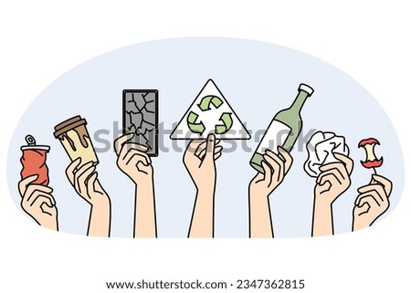 Closeup of hands holding garbage and waste for recycle. Eco friendly activist and volunteers stand for environment and planet care. Sustainability. Vector illustration.