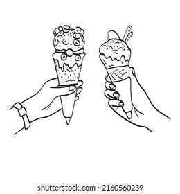 closeup  hands holding melting ice cream waffle cone illustration vector hand drawn isolated on white background line art.