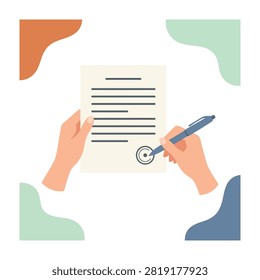 Close-up of hands holding a paper and pen with a magnifying glass examining details