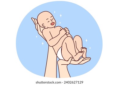 Close-up of hands holding smiling cute newborn baby. Parent with child infant excited about parenthood. Childbirth concept. Vector illustration.